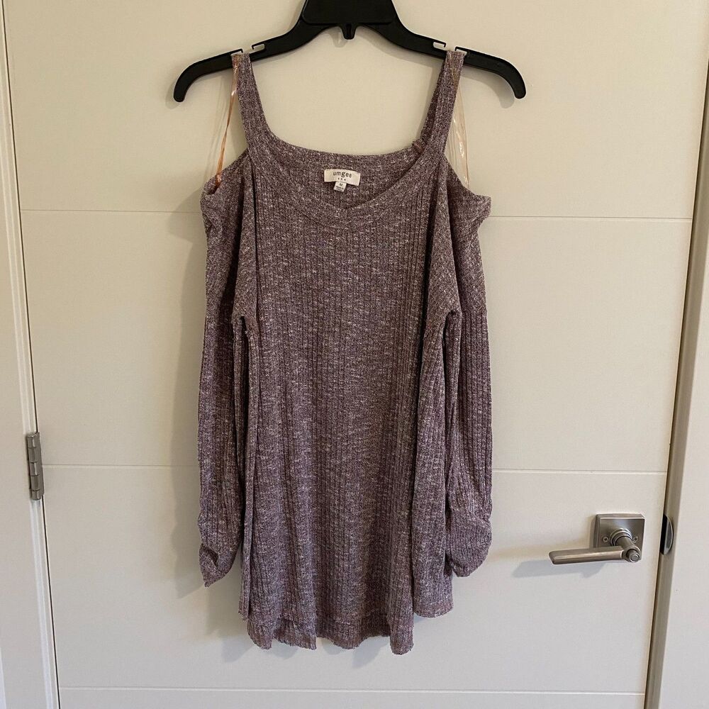 Umgee Ribbed Cold Shoulder Pullover Sweater Medium Ruched Sleeves Marled